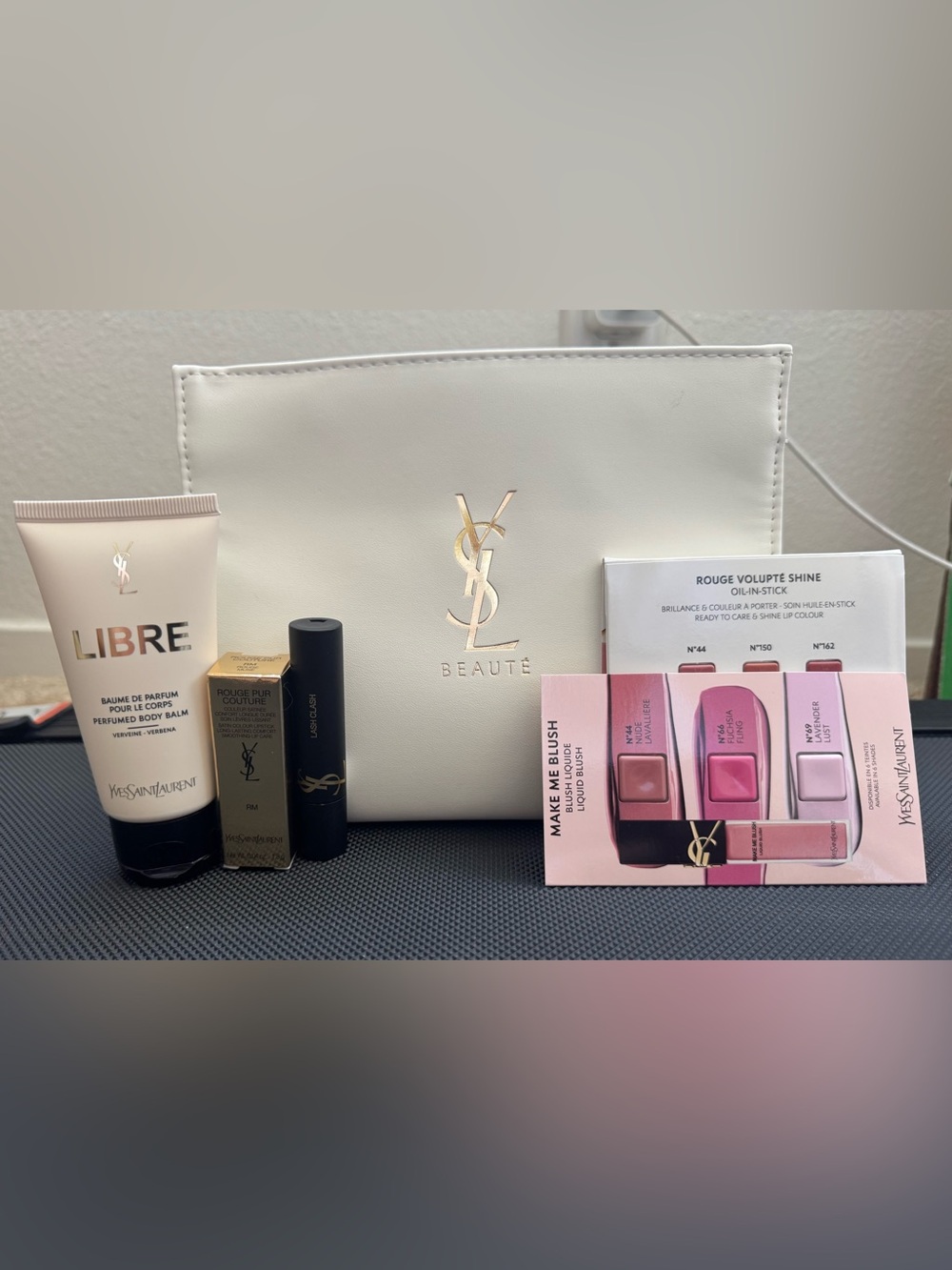 Yves Saint Laurent Cream & Gold Makeup Pouch with Pink Lip/Blush Samples